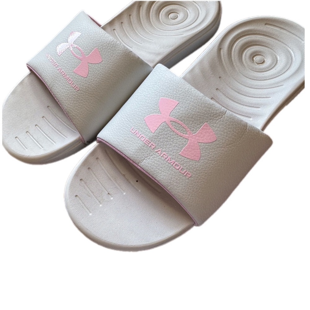 Under Armour Ansa Fixed Slide Sandals Women 7 Grey Pink Excellent Athletic Logo